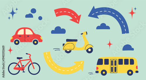 Diverse Transportation Methods Illustrated with Cartoon Vehicles and Arrows on a Light Blue Background