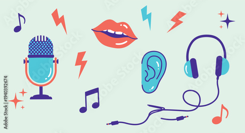 Creative illustration of audio elements like microphone headphones and lips with musical notes and lightning bolts on a light green background