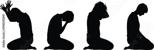 Depressed Man Kneeling Silhouette Set Expressing Anxiety, Stress, Grief and Emotional Pain Mental Health Concept Vector Illustration
