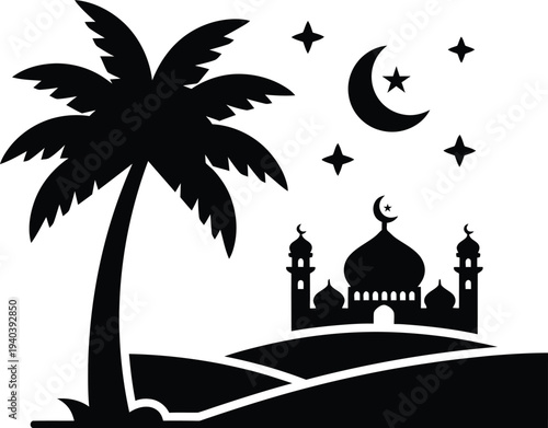 Islamic mosque with crescent moon and palm tree silhouette illustration