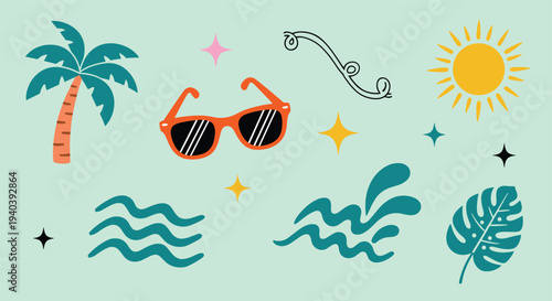 Vibrant Summer Vacation Elements Collection Featuring Palm Tree Sunglasses Sun Waves and Tropical Leaf on Pastel Background