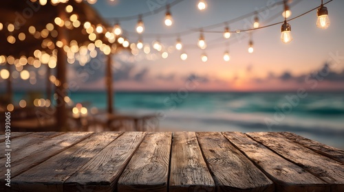 Romantic empty wooden table at a chic beachside bar at sunset illuminated by warm overhead string lights with a softly blurred ocean view.