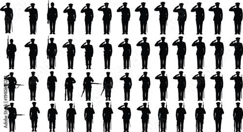 Military Soldier Saluting Silhouette Icon Set with Armed Forces Personnel Standing with Rifle and Formal Uniform Vector CollectionMilitary Soldier Saluting Silhouette Icon Set with 