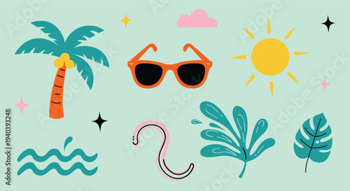 Summer vacation elements including a palm tree sunglasses sun leaves water and stars on a light green background