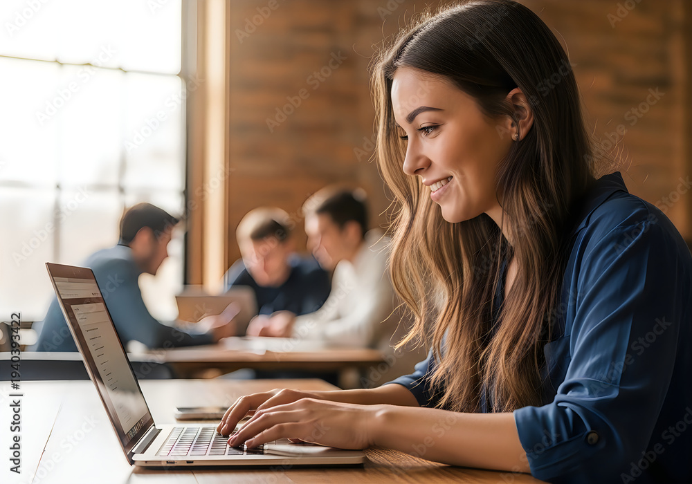Fototapeta premium A woman sits at a desk with a laptop in a classroom setting