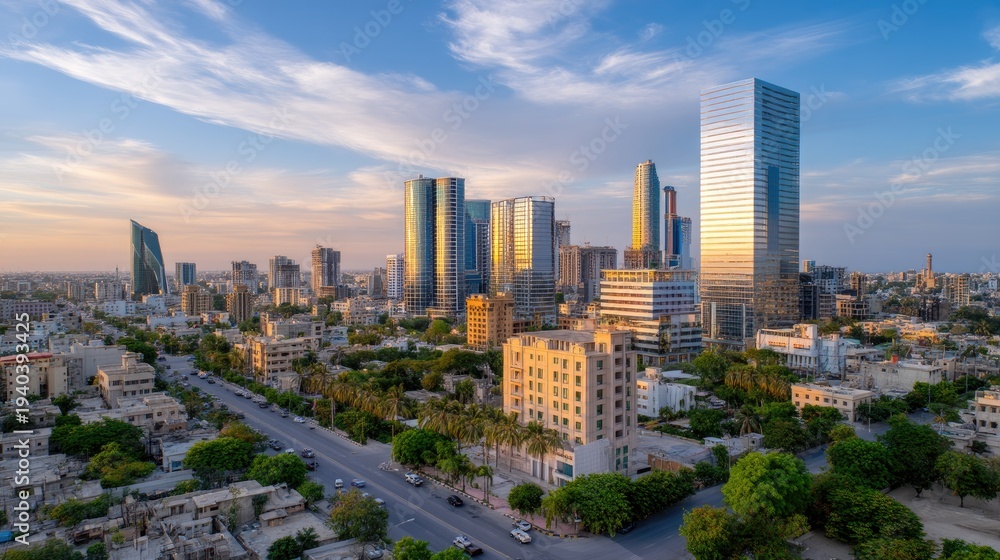 Obraz premium Vibrant Cityscape with Modern Architecture and Urban Life under a Clear Sky at Sunset