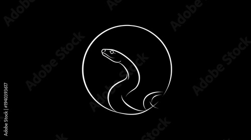 A white line drawing of a snake in a circle on a black background