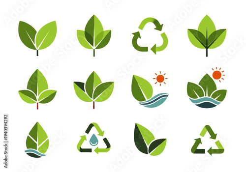 A flat design illustration vector featuring twelve different green leaves with black outlines on a white background.