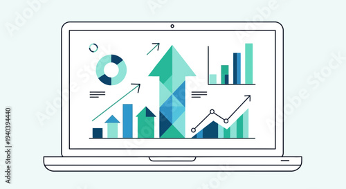 Modern vector illustration of a laptop screen displaying various business growth charts, data analytics, and financial statistics for marketing presentations and reports