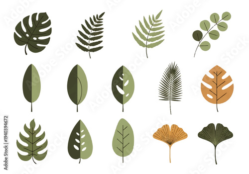 A flat design illustration vector featuring twelve different green leaves with black outlines on a white background.