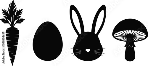 Carrot, Egg, Bunny, and Mushroom Silhouette Set, Nature Garden Elements, Easter Spring Icons, cad drawing flat vector illustration, Black, White, Isolated