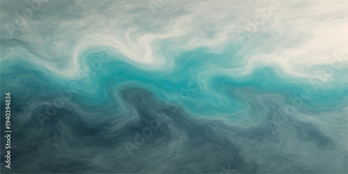 Abstract blue smoke swirls like ethereal clouds over a white background, evoking the serene beauty of a summer sea horizon and the light reflection of ocean waves in a minimalist winter landscape