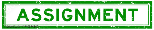 Grunge green assignment word square rubber seal stamp on white bacckground