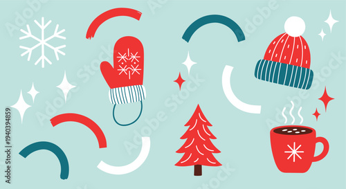 Festive winter holiday elements including a snowflake mitten hat and hot chocolate mug on a light blue background with abstract shapes