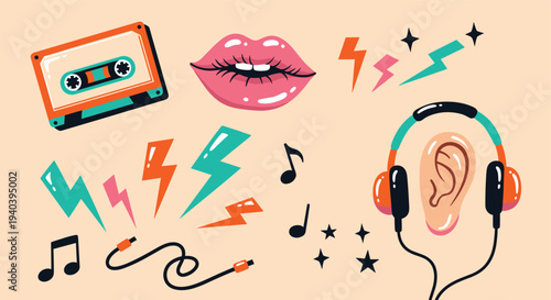 Retro music icons including cassette tape, headphones, lips, and lightning bolts on a beige background