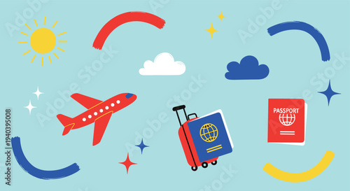 Bright and cheerful illustration of travel essentials including an airplane, suitcase, and passport against a light blue background with playful shapes and sun.