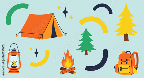 Illustration of camping elements like tent campfire lantern backpack and pine trees on a light blue background with abstract shapes