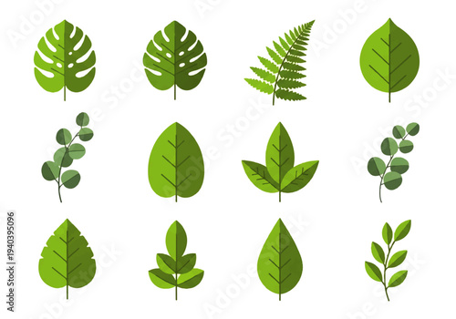 A flat design illustration vector featuring twelve different green leaves with black outlines on a white background.