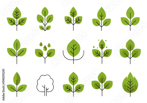 A flat design illustration vector featuring twelve different green leaves with black outlines on a white background.