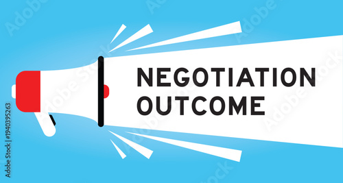 Color megaphone icon with word negotiation outcome in white banner on blue background