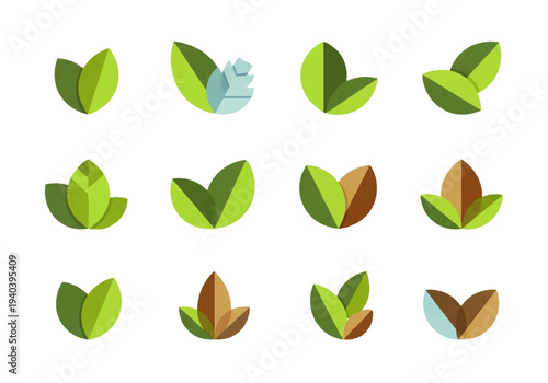 A flat design illustration vector featuring twelve different green leaves with black outlines on a white background.