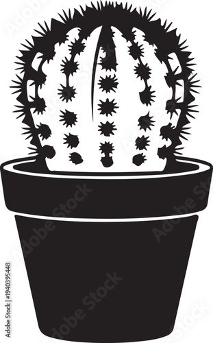 Minimalist black and white potted cactus vector illustration, perfect for desert plant themes, succulent designs, and botanical graphics.