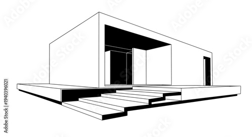 Minimalist Modern House Architectural Blueprint Outline on Isolated White Background