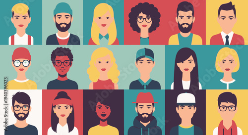 Diverse Group of People Avatars Representing Community and Teamwork on Colorful Segmented Background