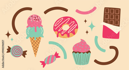 A delightful assortment of colorful sweet treats including ice cream donuts cupcakes and chocolate bars arranged playfully on a pastel background