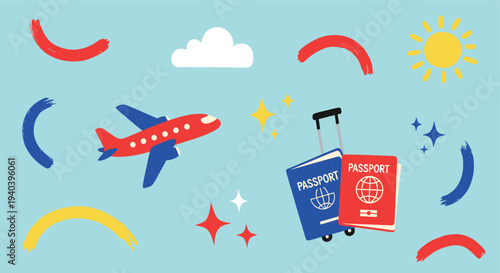 Bright and cheerful illustration of travel essentials including a passport airplane and suitcase on a blue background with colorful abstract shapes