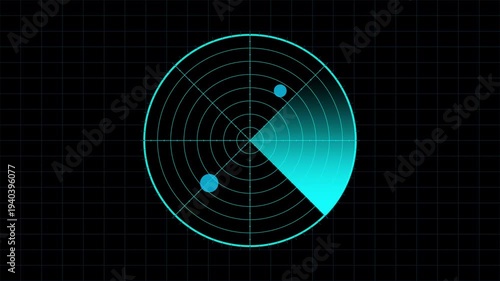 Blue neon cyber radar sweep scanning holographic grid interface with glowing signals. Futuristic detection system animation seamless loop.