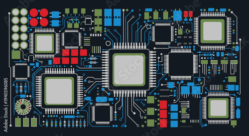 Detailed View of an Advanced Electronic Circuit Board with Multiple Chips and Components.