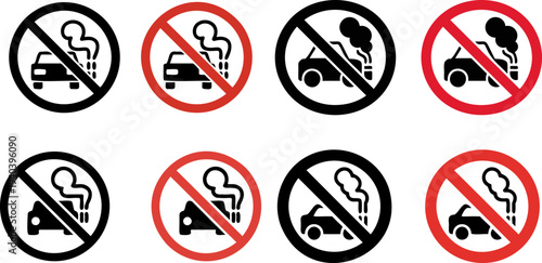 No Idling Vehicle Sign Set Car Exhaust Prohibition Vector Illustration