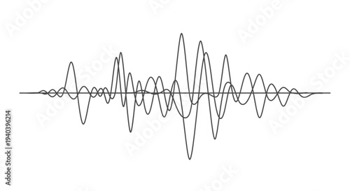 Abstract black waveform or line graph representing fluctuating sound or data signal, isolated white background.