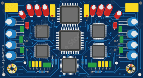 Detailed top view of a vibrant blue electronic circuit board with multiple chips and complex components in a bright studio.