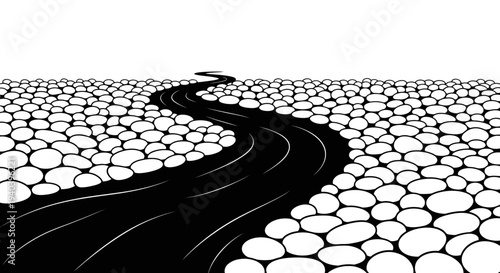 Winding black road path surrounded by textured white pebbles, leading into the distance, isolated white background.