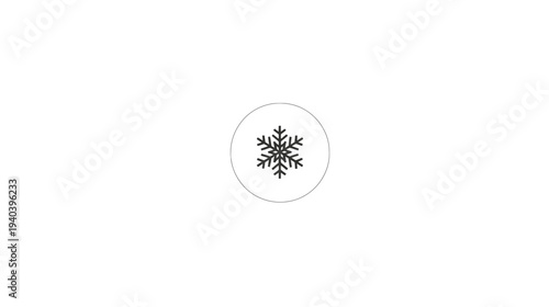 A grayscale icon featuring a snowflake symbol enclosed within a thin, circular frame, on white