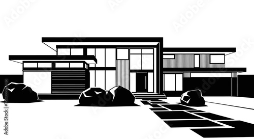 Modern minimalist single-story house exterior with clean lines and contemporary landscaping, isolated white background.
