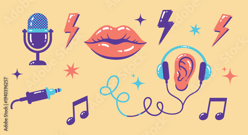 Retro pop art style illustration of music and sound elements including a microphone headphones and musical notes on a pastel background