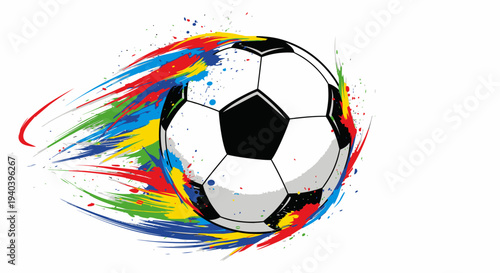 Dynamic soccer ball with colorful paint splash trails and speed effect, isolated white background.