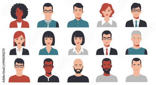 Diverse group of professional business avatars with different ethnicities and genders, isolated white background.