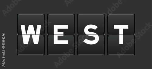 Black color analog flip board with word west on gray background
