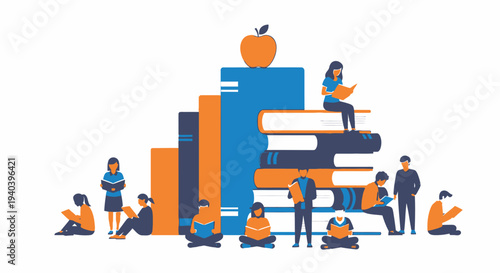 Diverse Students Happily Reading and Learning Around a Stack of Books with an Apple on Light Blue Background