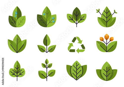 A flat design illustration vector featuring twelve different green leaves with black outlines on a white background.
