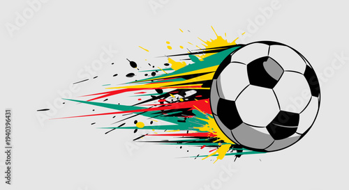 Dynamic Soccer Ball with Vibrant Paint Splashes Depicting Speed and Energy on Light Grey Background