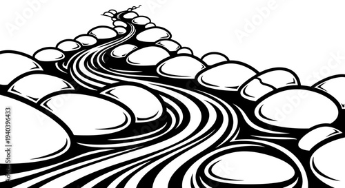 Winding Road or Path with Stylized Stones, Depicting a Journey or Challenge, Black and White on Isolated White Background