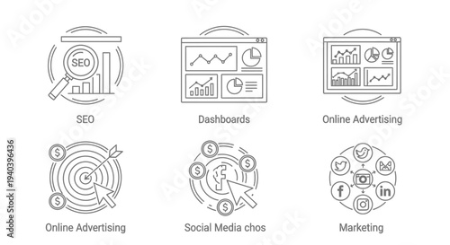 Online Marketing and Analytics Icons Set with SEO, Dashboards, Advertising, Social Media on Isolated White Background
