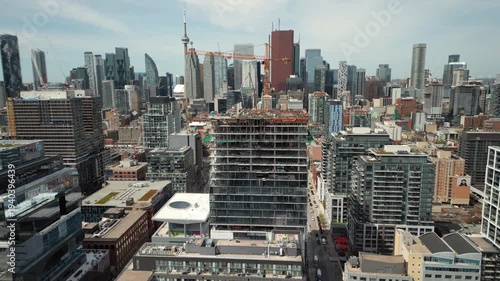 Downtown Toronto Condo Development Boom Captured from Above with Tower Cranes and City Skyline
