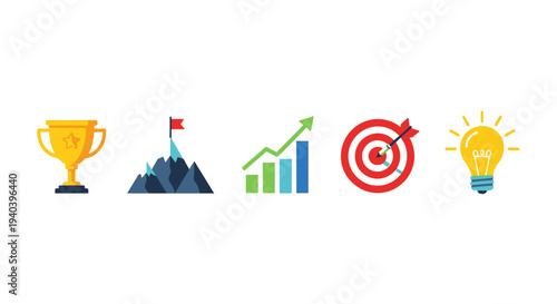 Business Success and Goal Achievement Icons Set with Trophy, Mountain Flag, Growth Chart, Target, Lightbulb on Isolated White Background
