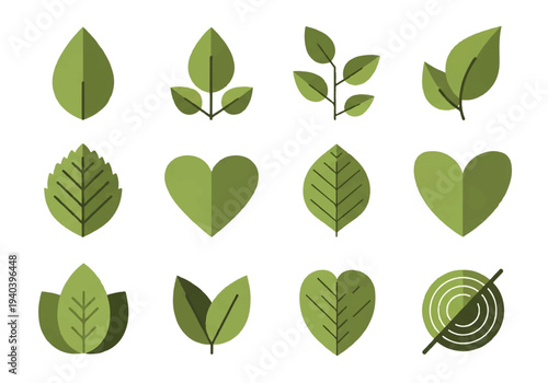 A flat design illustration vector featuring twelve different green leaves with black outlines on a white background.